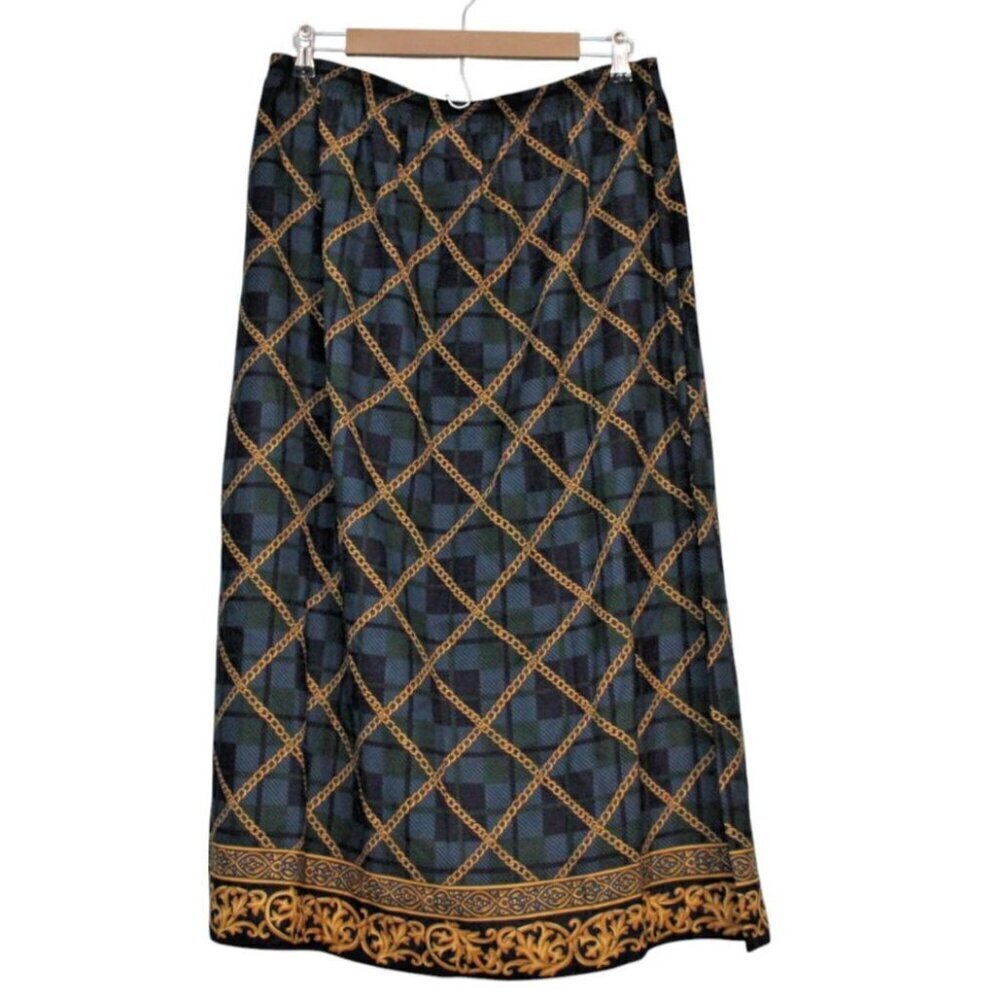 Vintage 90s Maxi Skirt Size 16 Pull On Equestrian Derby Gold Chain Plaid Retro